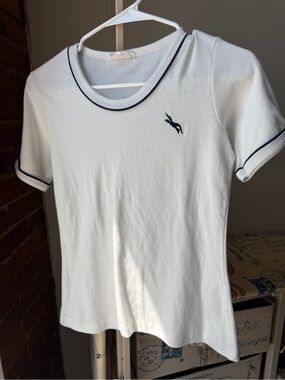 White Short Sleeve Tee with Navy Piping